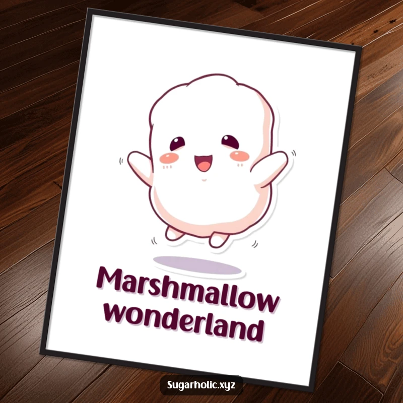 Funny Digital Art: High-quality print of a fluffy marshmallow character bouncing with infectious enthusiasm.