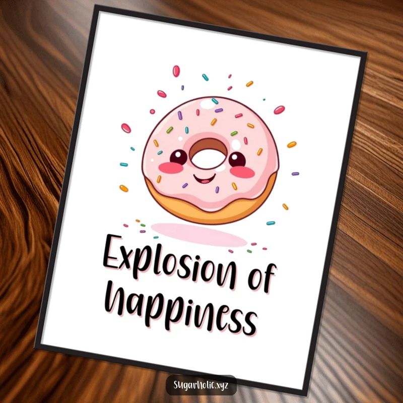 Funny giddy doughnut digital art print, with sprinkles flying outwards, perfect for humorous digital displays and gifts.
