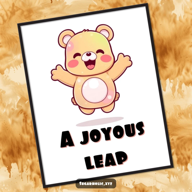 Funny gummy bear digital art print with a delighted character mid-celebratory jump, a joyful and humorous piece.
