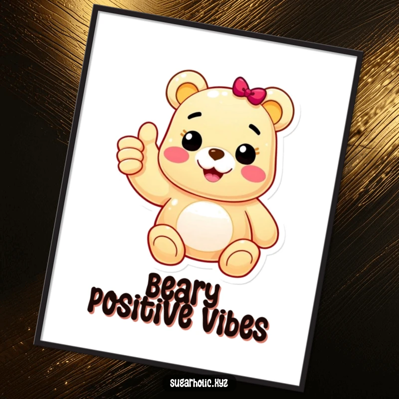 Funny digital art print of a cheerful gummy bear character giving an enthusiastic thumbs up, perfect for instant download and positive, playful wall decor.