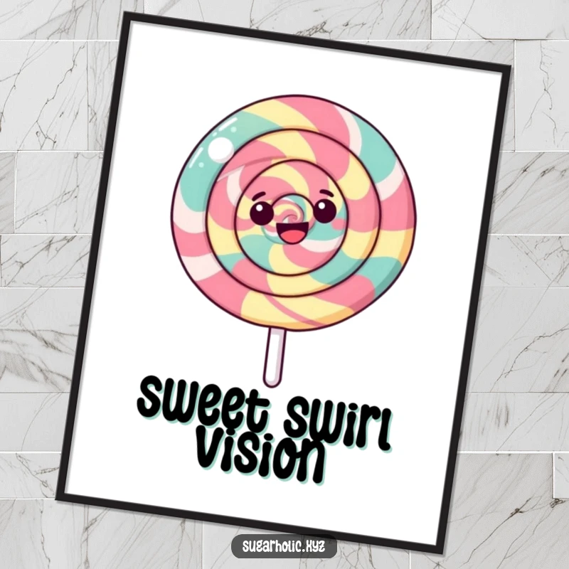 Funny digital art print of a happy lollipop with a swirling pattern spinning, capturing a sense of pure joy and sweetness.