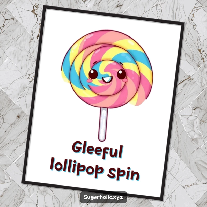 Funny lollipop digital art print of a gleeful lollipop spinning rapidly with rainbow stripes. Vibrant, humorous, and perfect for wall art.