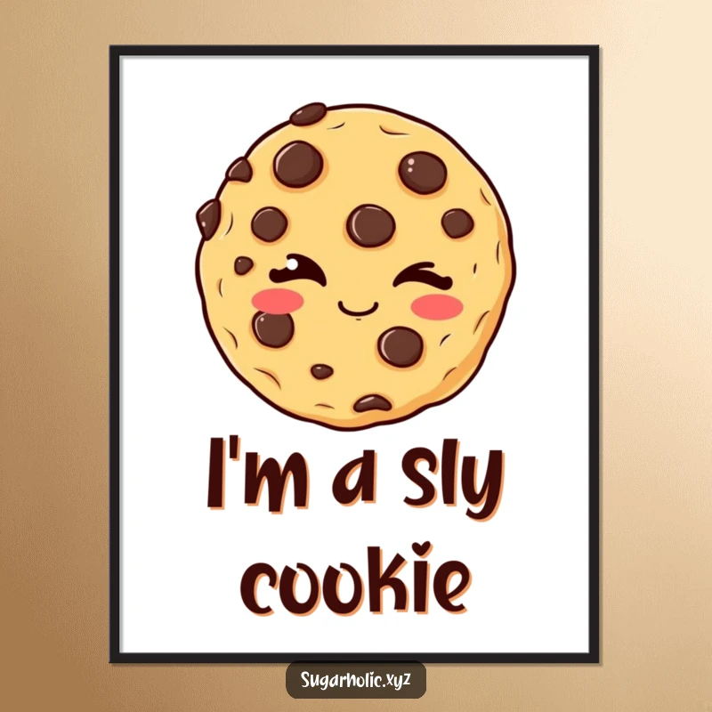 Funny winking cookie digital art print of a delighted chocolate chip cookie giving a mischievous wink, instant playful decor.