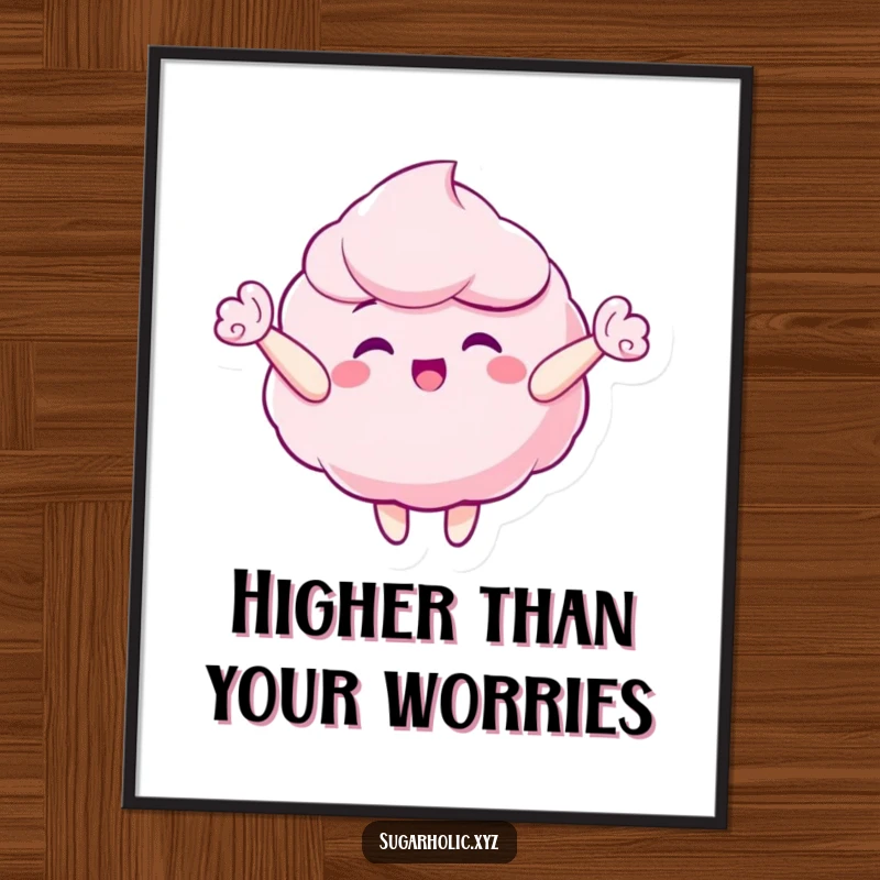 Funny digital art print of a gleeful candy floss character floating happily upwards, ideal for whimsical and cheerful decor.