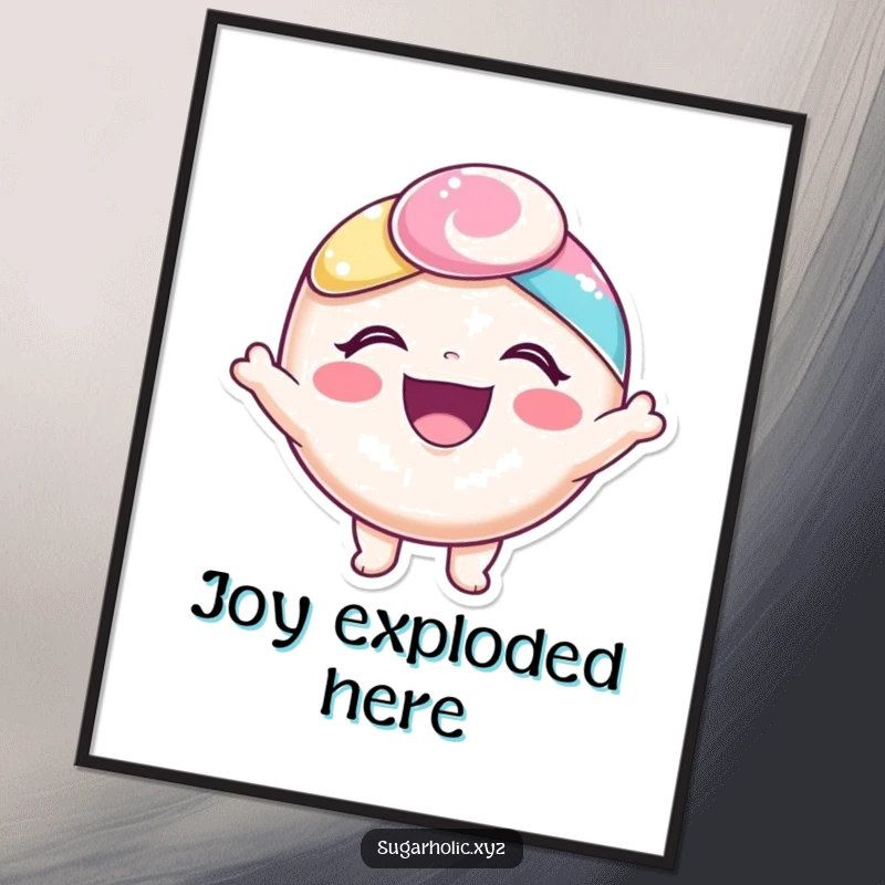 Funny digital art print of a happy candy character with a delighted expression, absolutely bursting with joy.