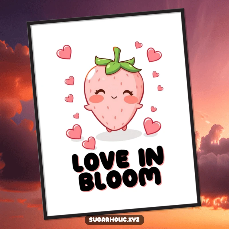 Funny blushing strawberry character fluttering tiny heart-shaped candies, a digital download for sweet wall art.