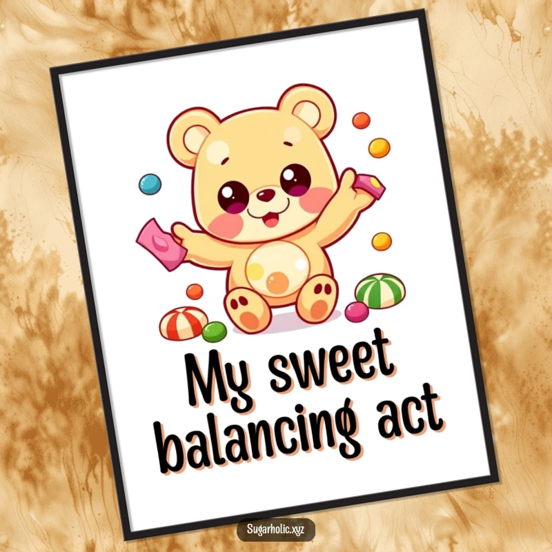 Funny digital art print of a beaming gummy bear with oversized eyes, juggling colorful candies with joyful energy.