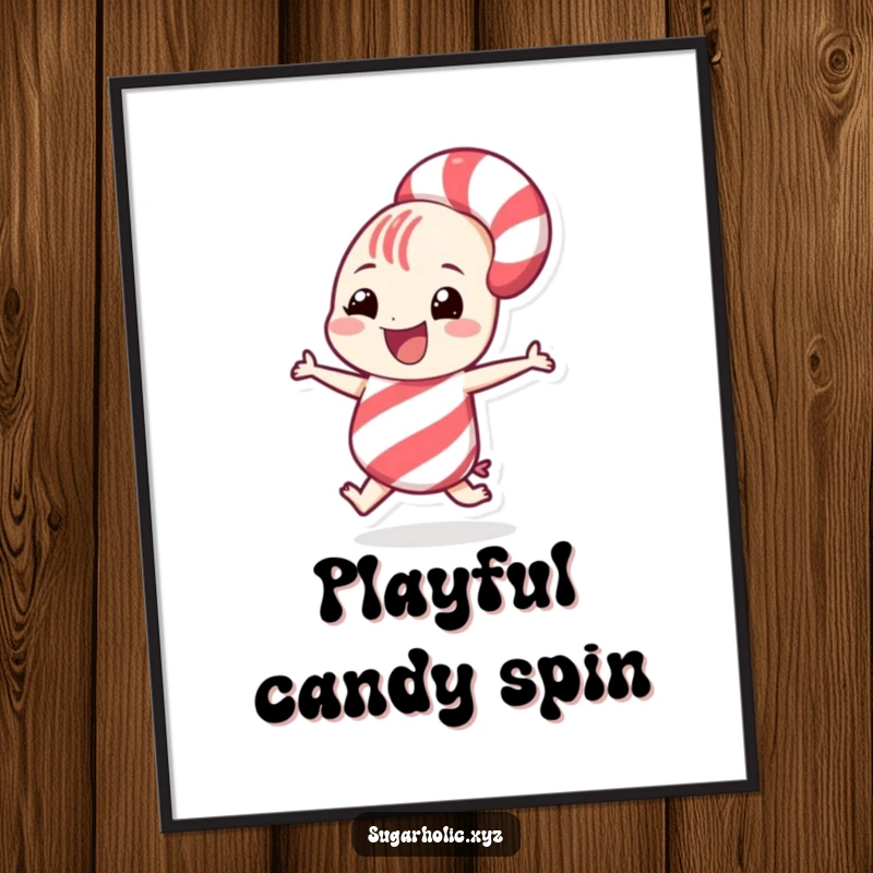 Funny grinning candy cane character doing a playful spin, as a digital art print, capturing festive, celebratory joy.