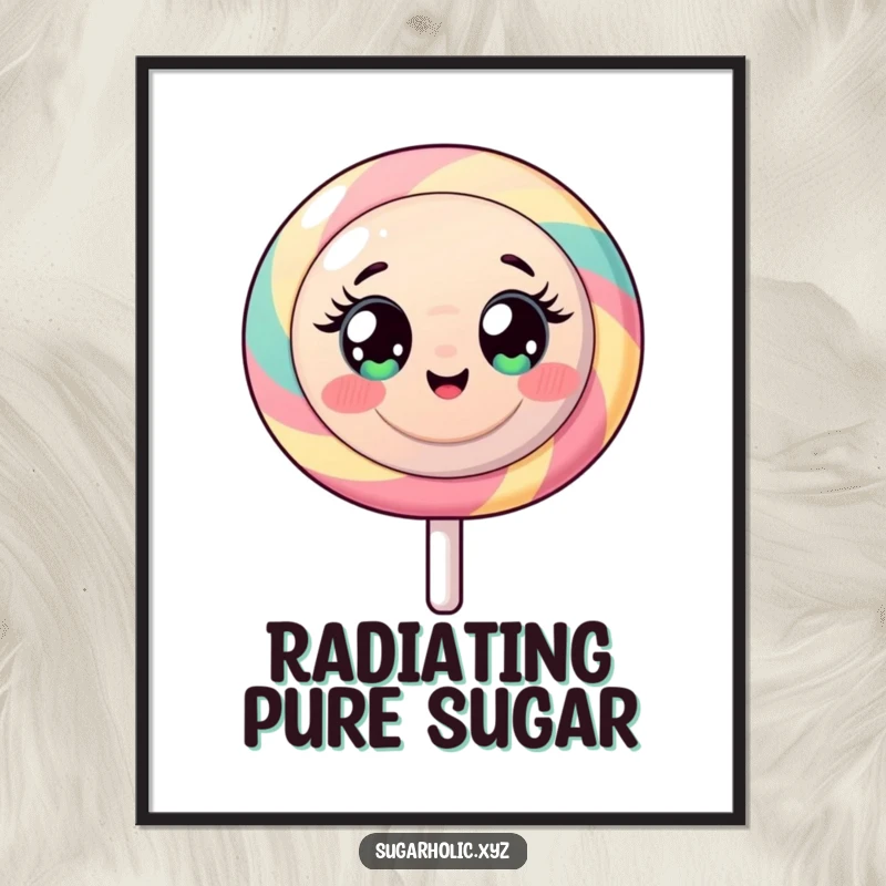 Funny digital art print of a round lollipop character, wide-eyed and full of vibrant sugary energy.