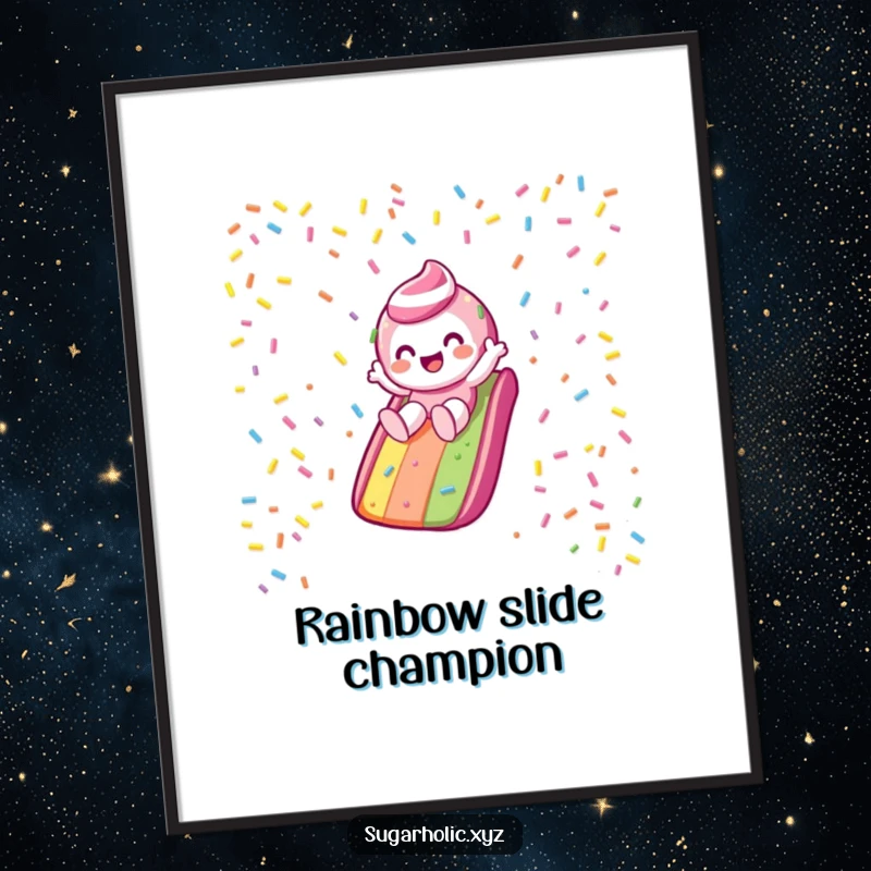 Funny Digital Art: Candy character gleefully slides down a dazzling rainbow sprinkle slide, radiating pure joy and adventure.