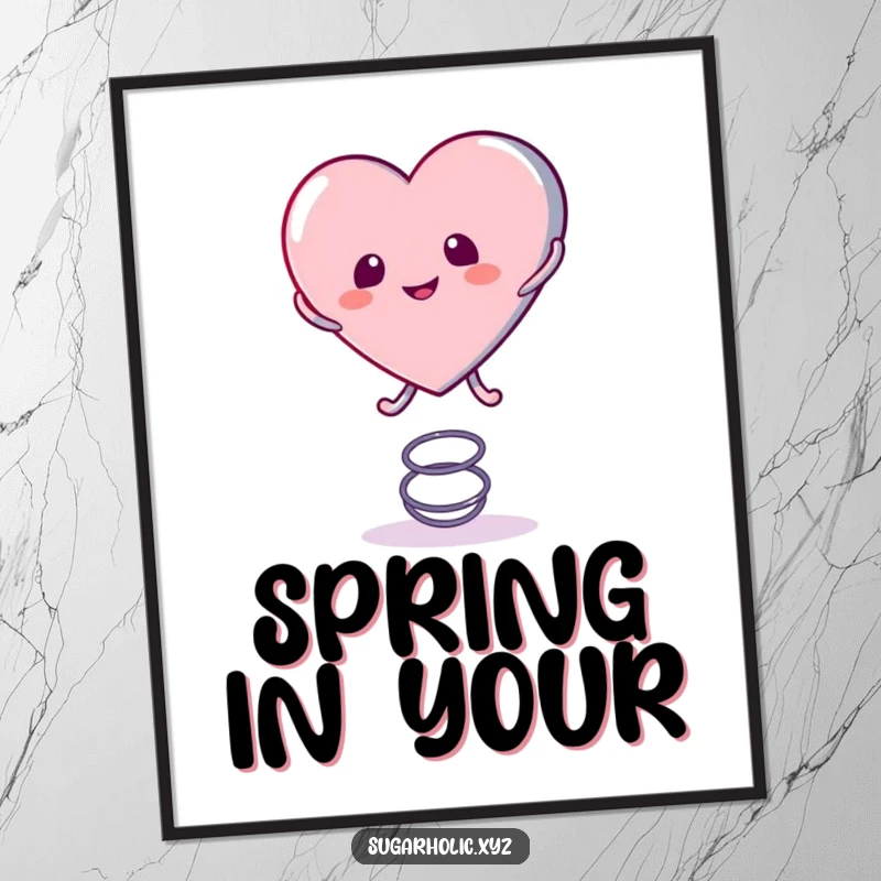 Funny Digital Art Print of a candy heart character energetically bouncing on a spring, radiating pure joy and infectious playfulness.
