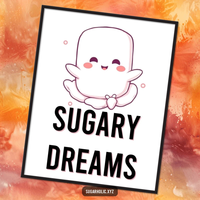 Funny digital art print of a joyful marshmallow character blissfully floating on a sugary breeze, a whimsical and sweet addition to any digital collection.