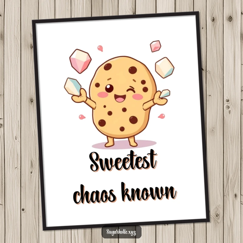 Funny digital art print of a happy cookie character juggling large sugar crystals, perfect for vibrant wall decor.