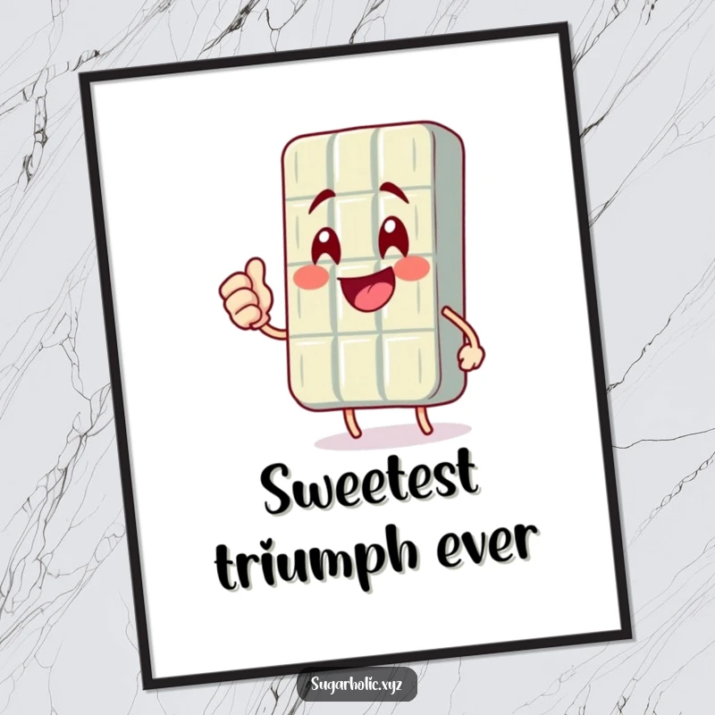 Funny digital art of a smiling chocolate bar character performing an enthusiastic, celebratory fist pump, symbolizing achievement.