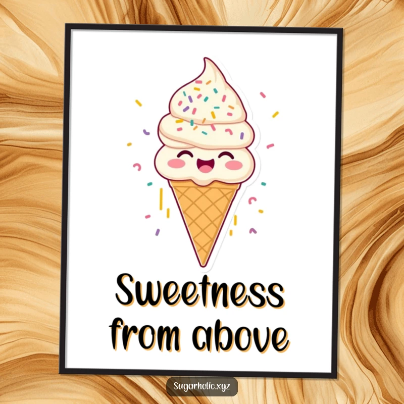 Funny joyous ice cream cone digital art print, with sprinkles raining down, perfect for humorous digital displays and gifts.