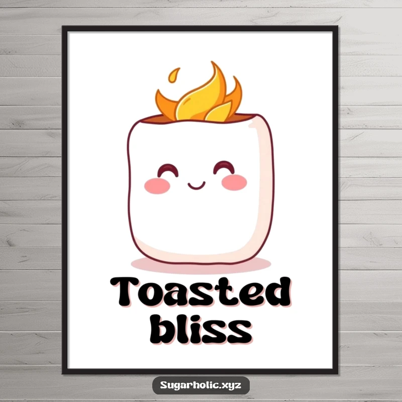 Funny Digital Art: A cheerful marshmallow with a rosy blush being toasted, bringing instant warmth and cozy vibes to wall decor.