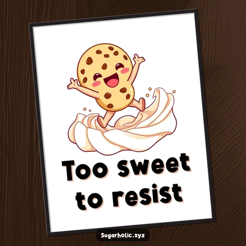 Funny Digital Art Print of a cookie character joyfully leaping into a rich swirl of frosting, celebrating sweet indulgence and happiness.