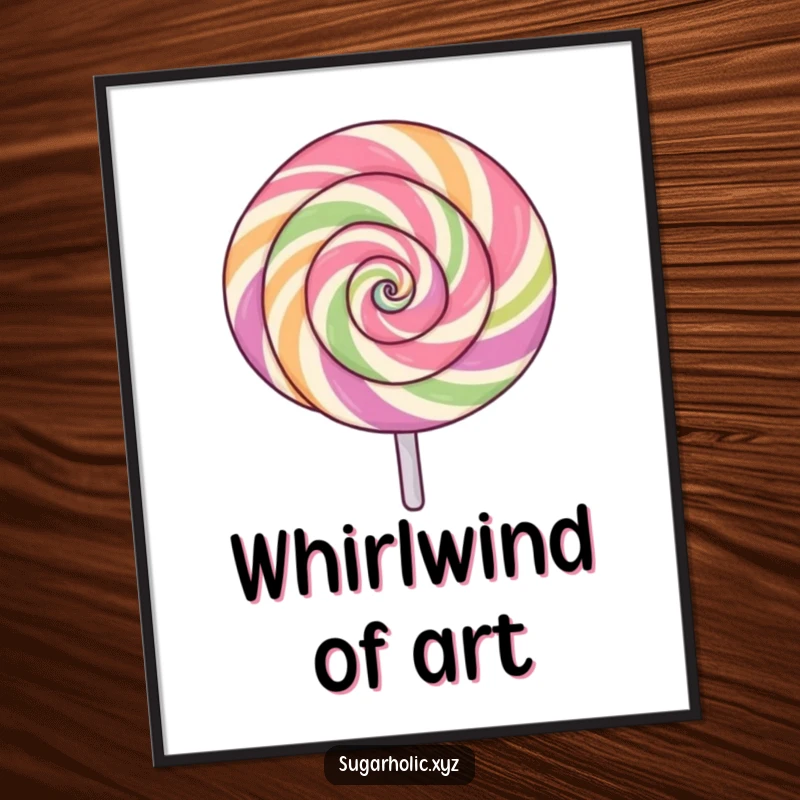 Funny lollipop digital art with a swirling pattern, spinning with excitement, printable humor, energetic decor, funny gift.