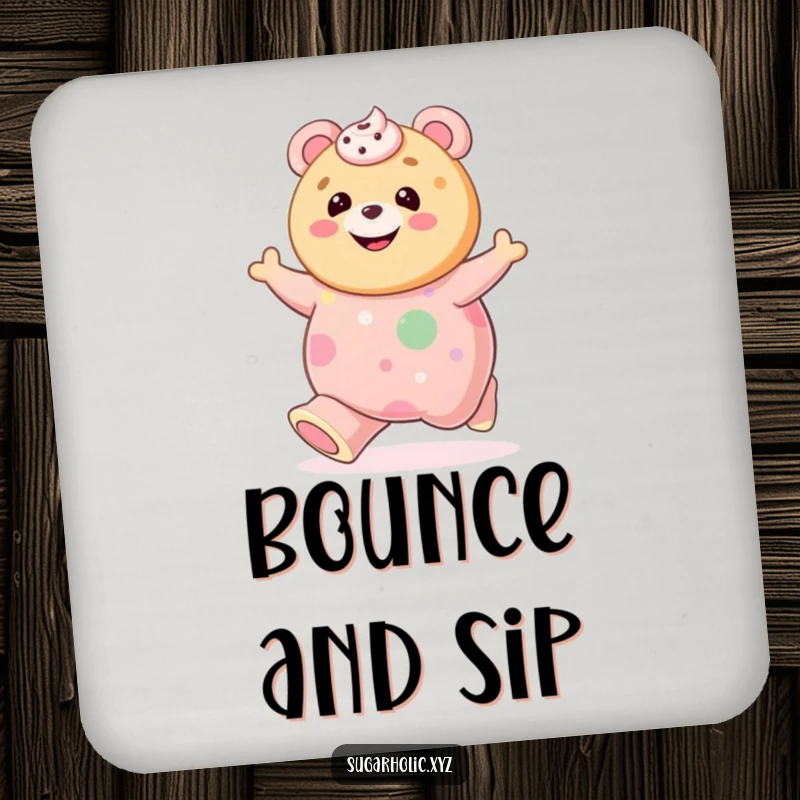 Funny cookie with frosting smile bouncing on a giant gummy bear on a drink coaster, protecting surfaces with humor and charm.