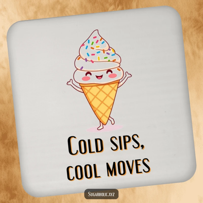 Funny ice cream cone coaster showing a happy cone with sprinkles doing a jig, adding humor to your table setting.