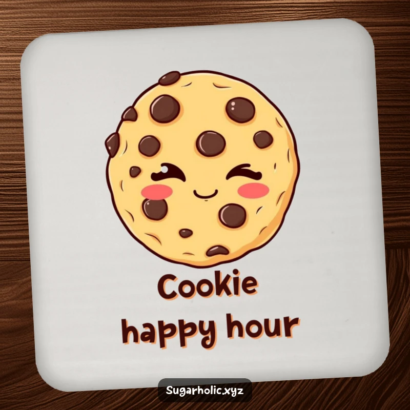 Funny winking cookie coaster featuring a delighted chocolate chip cookie giving a mischievous wink, a cute and functional accessory.