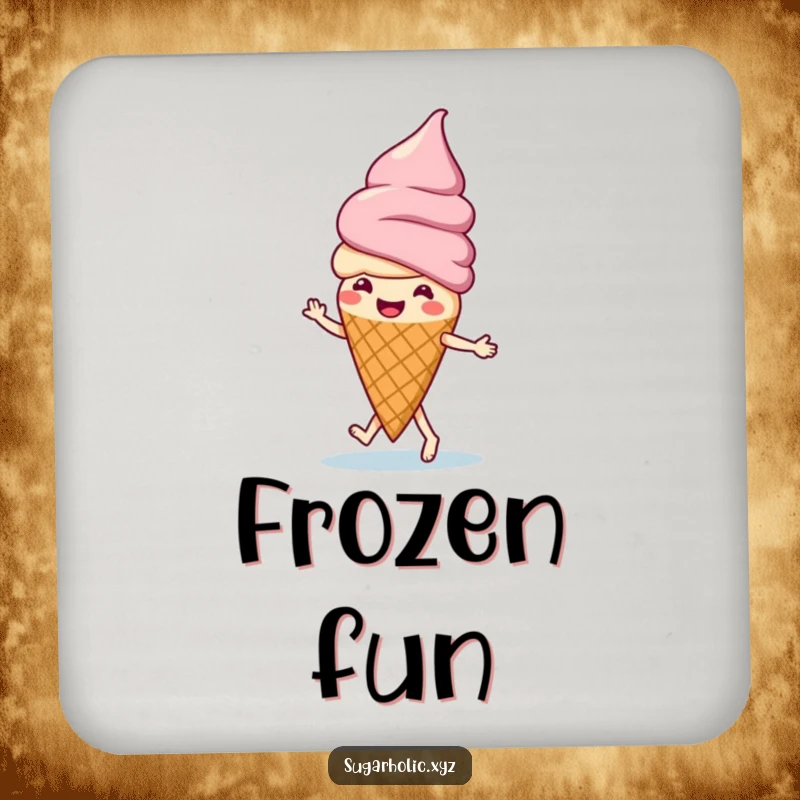 Funny ice cream cone doing a happy jig, designed as a humorous drink coaster for surface protection.
