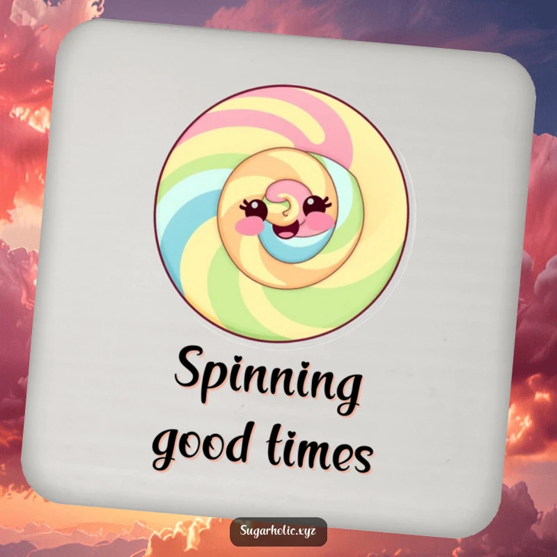 Funny coaster with a delighted candy swirl and a playful smile, offering protection with cheerful flair.