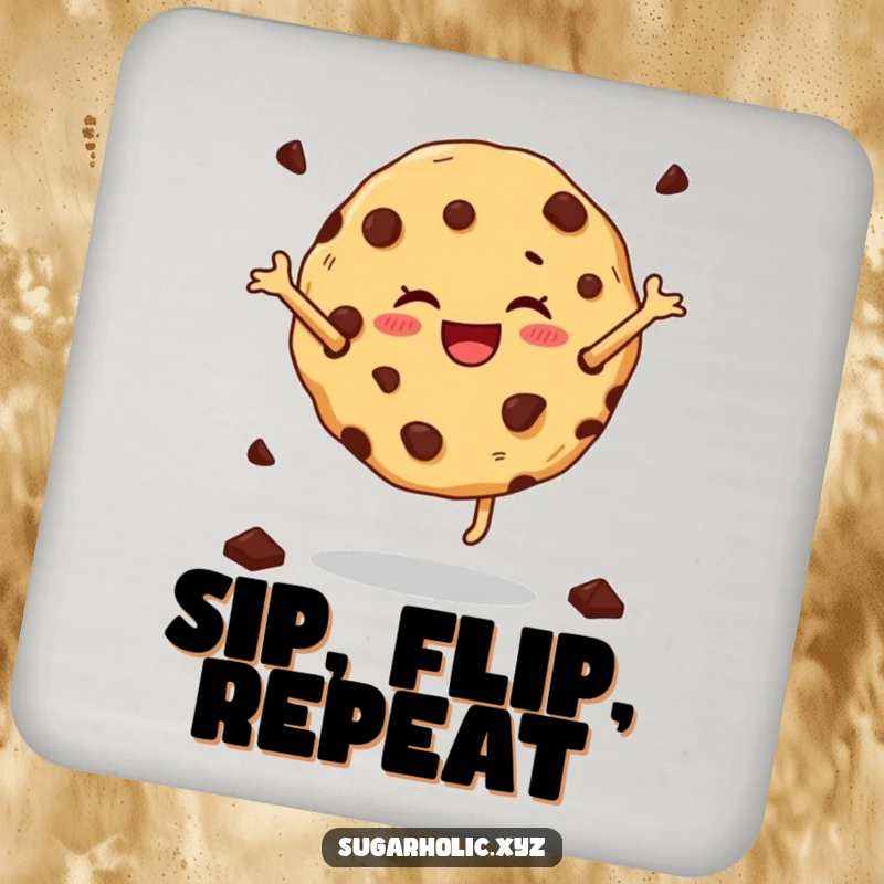 Funny cartwheeling cookie coaster showing a joyful cookie with chocolate chips doing a cartwheel, perfect for adding sweet humor.