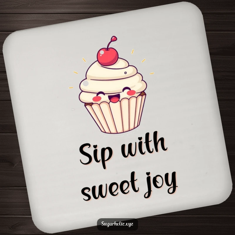 Funny cupcake coaster with a beaming cupcake character radiating pure joy. Protects surfaces with sweetness and cheer.