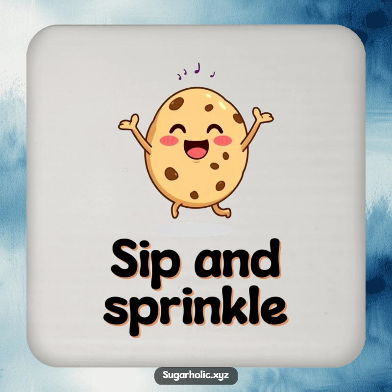 Funny drink coaster with a happy cookie doing a delighted dance with a sugar sprinkle, protecting surfaces sweetly.