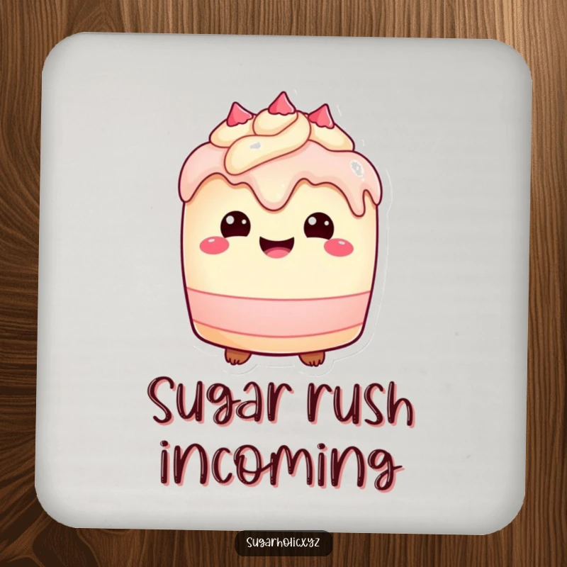 Funny Coasters: Set displays a plump cake character with a delighted expression and frosting drips.