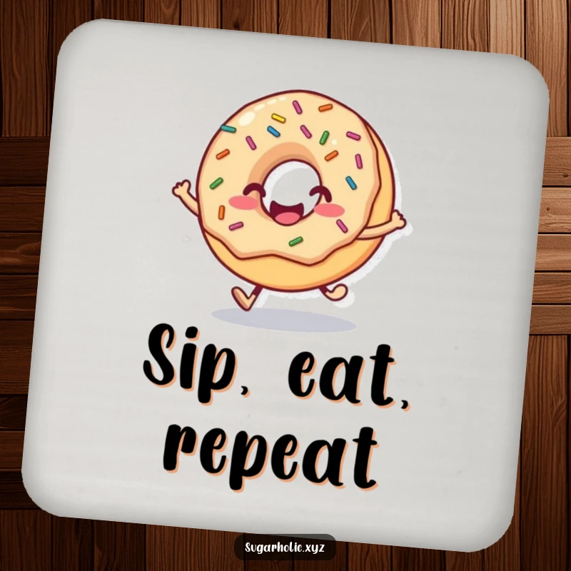 Funny donut coasters with a smiling face and sprinkles mid-hop, adding a touch of sweet humor to surface protection.