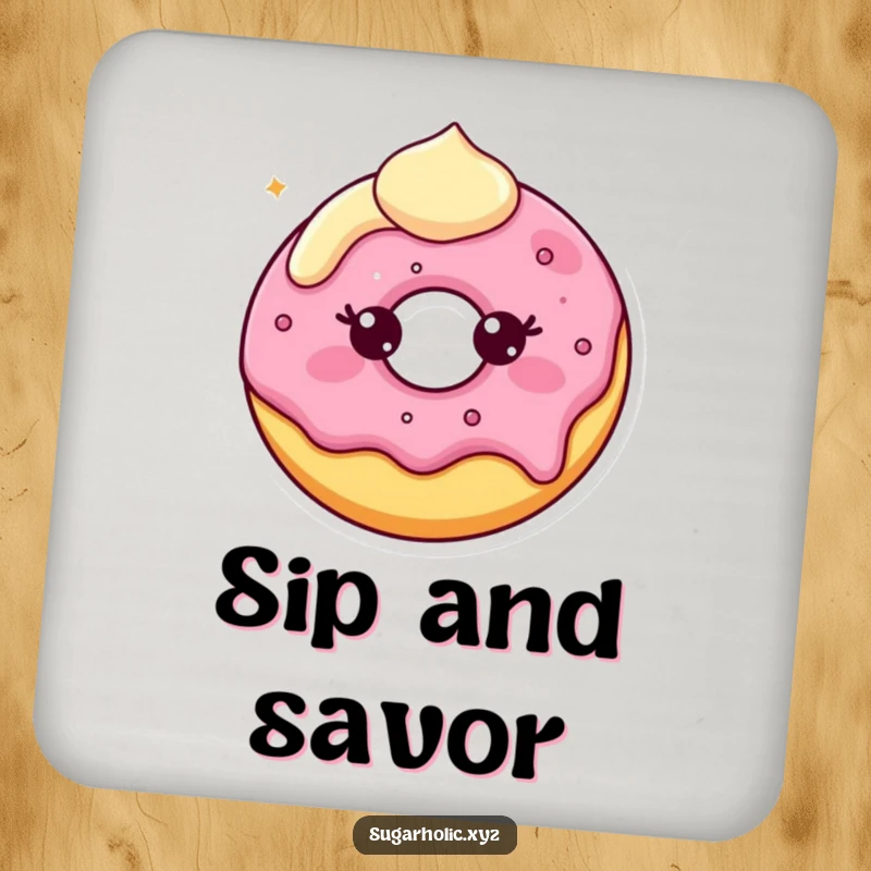 Funny Drink Coaster featuring a beaming donut character with slightly melting frosting, adding a sweet and humorous touch to drink service.