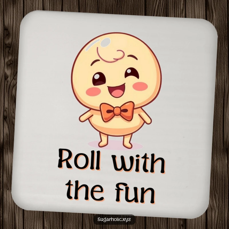 Funny caramel candy character, bow tie included, rolling with glee, protecting your surfaces as a humorous drink coaster.