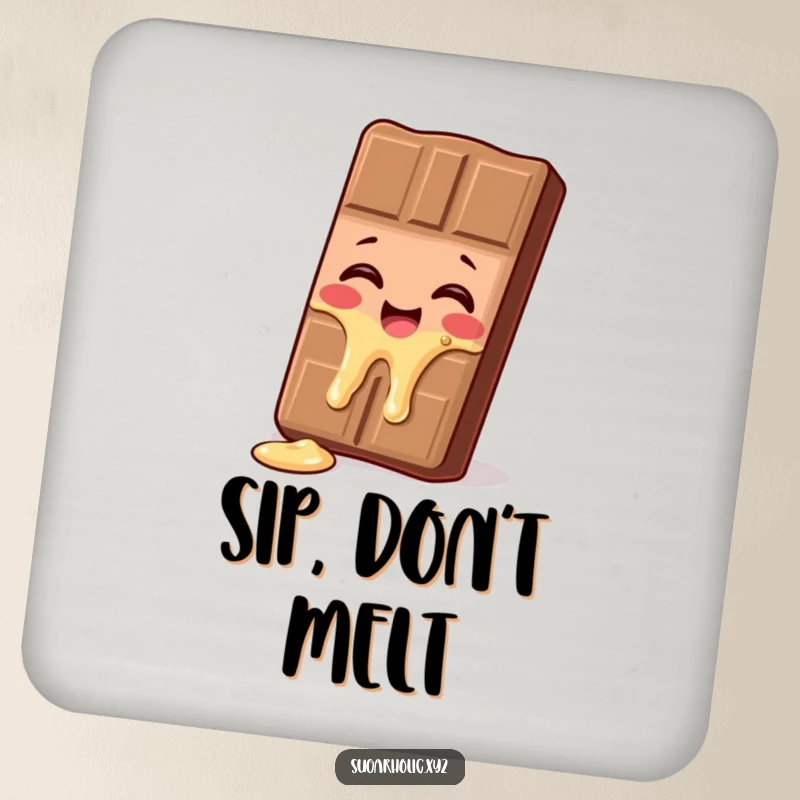 Funny giggling chocolate bar coaster, depicted melting with delight, adding humorous protection to surfaces and as a gift.