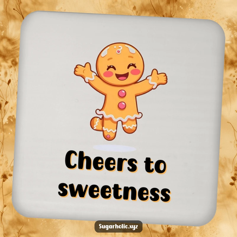 Funny drink coaster with a smiling gingerbread man doing a joyful pirouette in sugar, protecting surfaces festively.