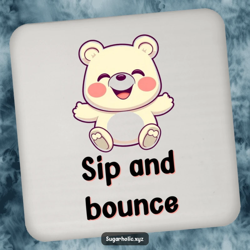 Funny Coaster: Features a grinning gummy bear in an energetic bounce, adding fun while protecting surfaces.