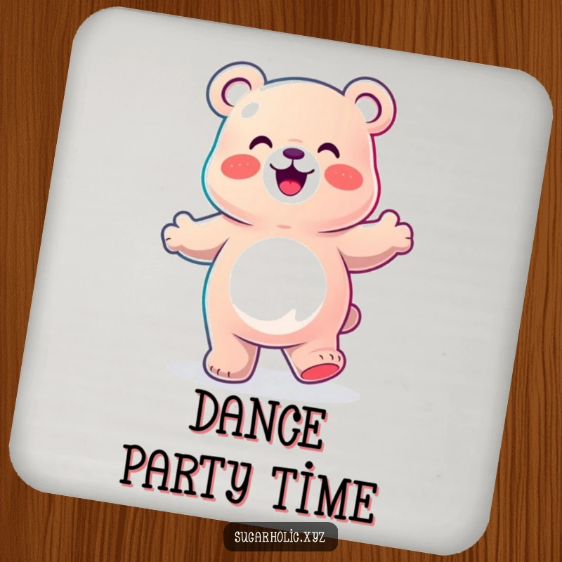 Funny Drink Coaster featuring a gummy bear character doing a happy dance, adding a cheerful and groovy touch to drink service.