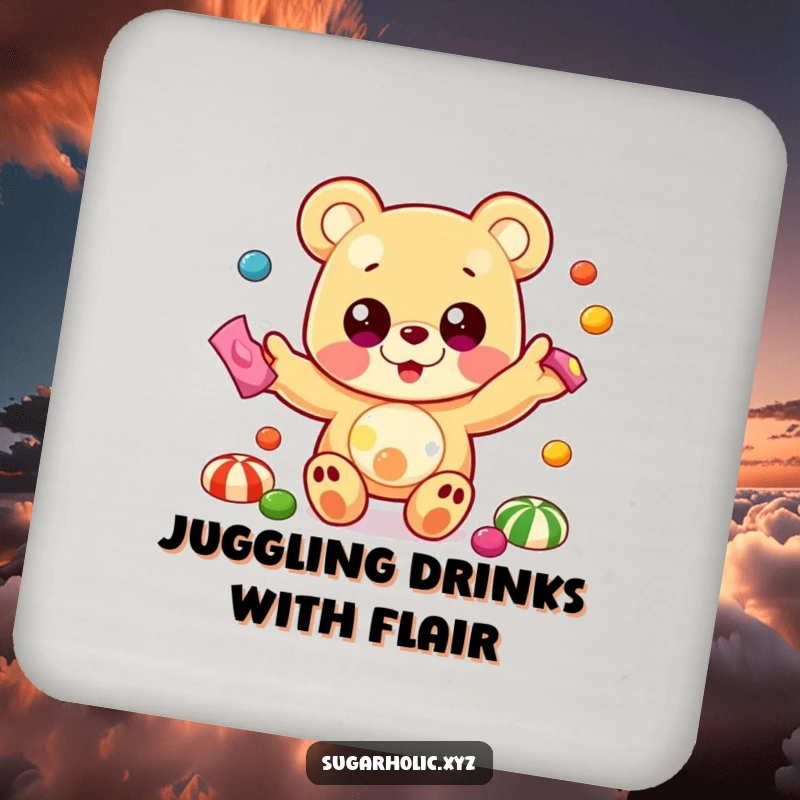 Funny coaster with a beaming gummy bear with large eyes, juggling colorful candies, protecting surfaces with fun.