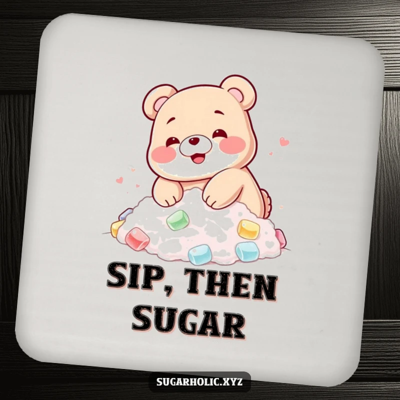 Funny drink coaster with a blushing gummy bear happily diving into a pile of sugar, protecting surfaces sweetly.