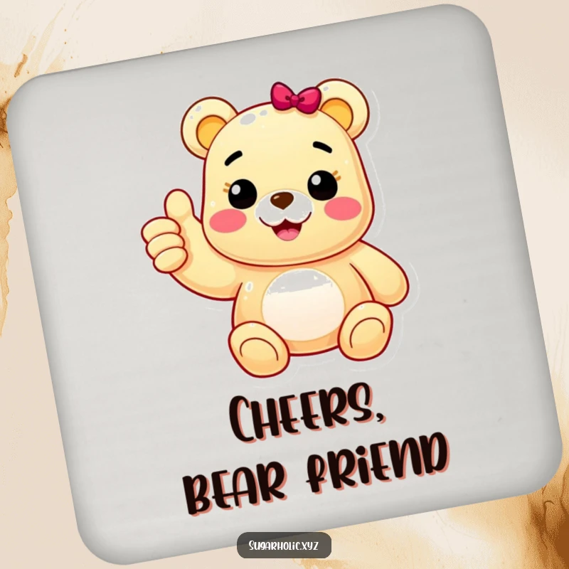Funny drink coaster with a cheerful gummy bear character giving an enthusiastic thumbs up, perfect for protecting surfaces with positive and playful charm.