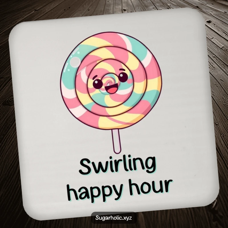 Funny coaster featuring a happy, swirled lollipop spinning, adding a touch of sweet fun to any table setting.
