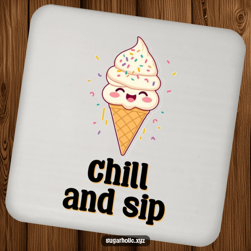Funny joyous ice cream cone coaster, with sprinkles raining down, adding humorous protection to surfaces and as a gift.