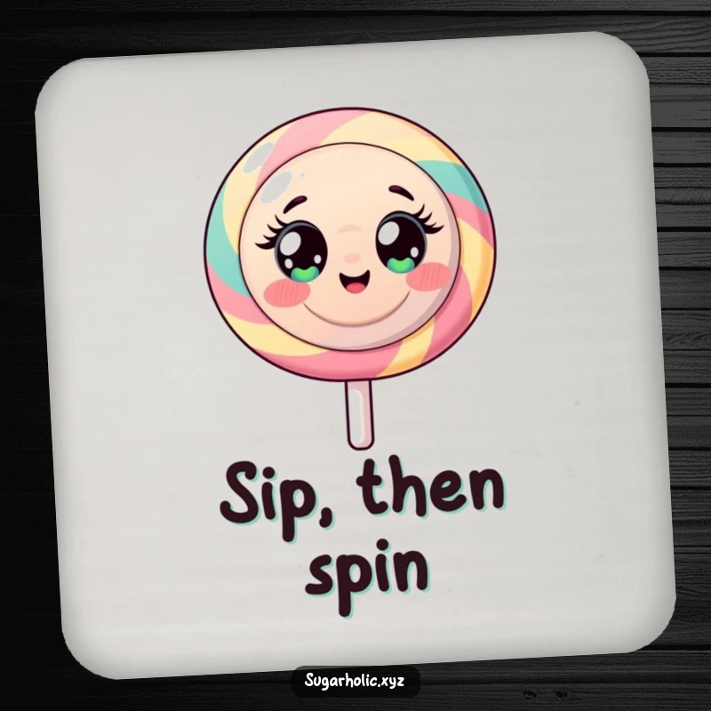 Funny drink coaster with a round lollipop character radiating wide-eyed, sugary energy.