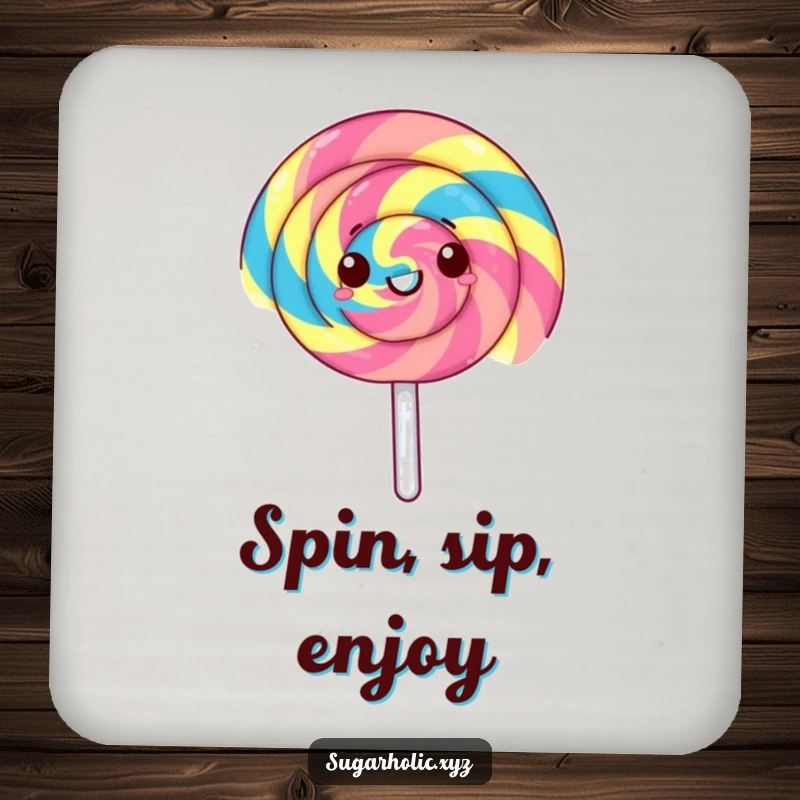 Funny lollipop coaster with a gleeful lollipop spinning rapidly with rainbow stripes. Protects surfaces with vibrant fun and humor.
