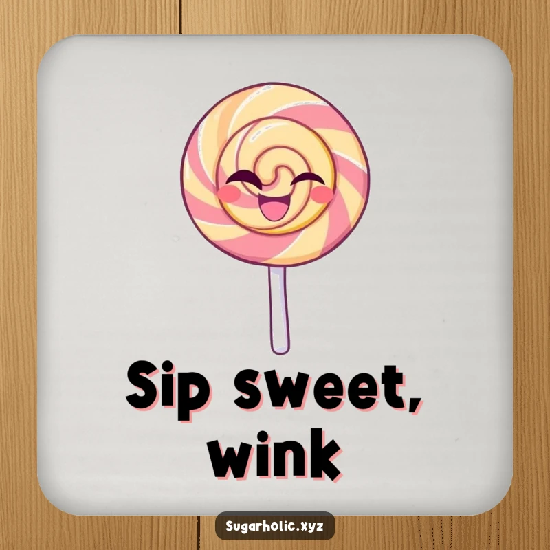 Funny drink coaster with a beaming lollipop character giving a confident wink, perfect for protecting surfaces with sweet and playful charm.