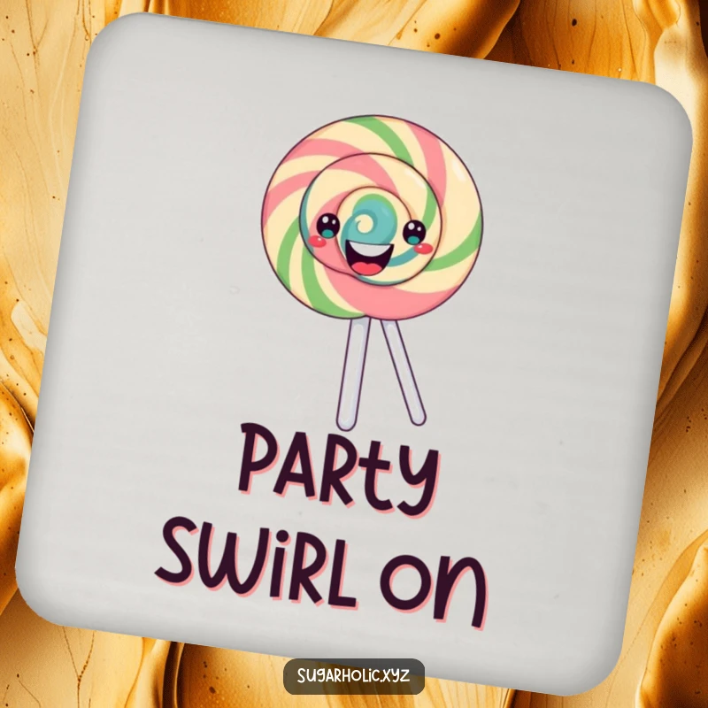 Funny Coaster: Features a happy lollipop with a swirling pattern spinning, offering sweet protection and decorative flair.