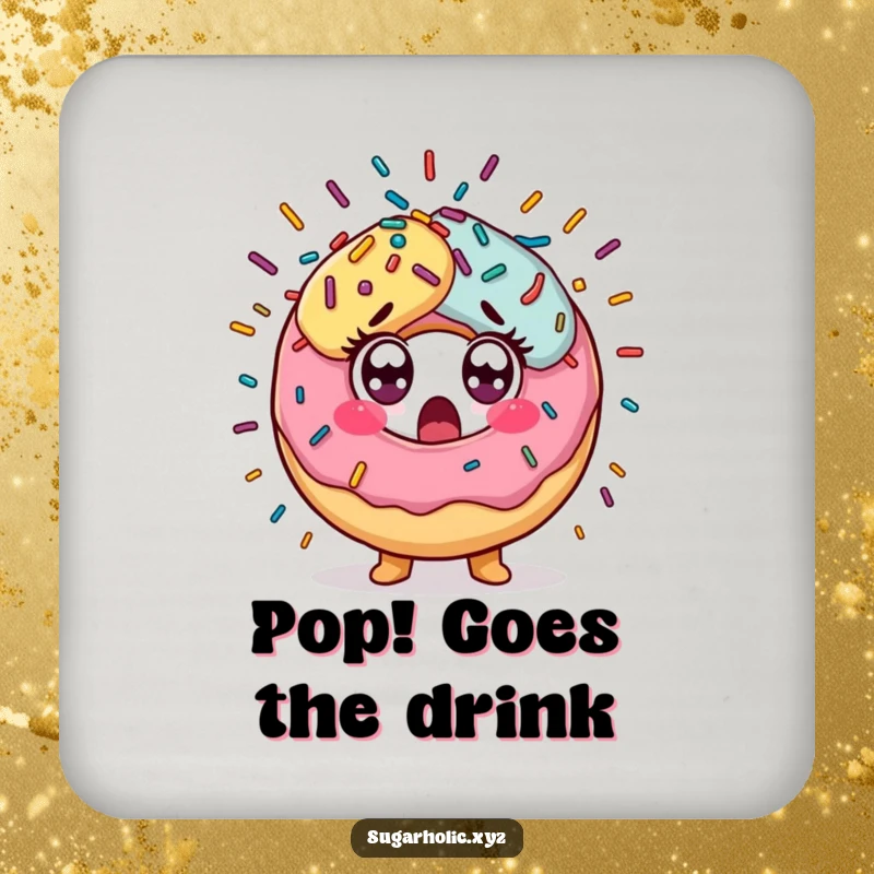 Funny Coasters featuring a surprised donut character with wide eyes surrounded by a sprinkle explosion, adding humor and protection.