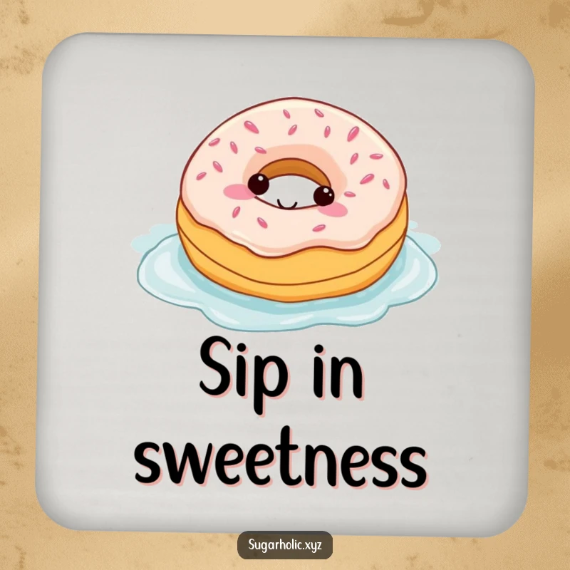Funny drink coaster featuring a happy donut character swimming in frosting, protecting surfaces with style.