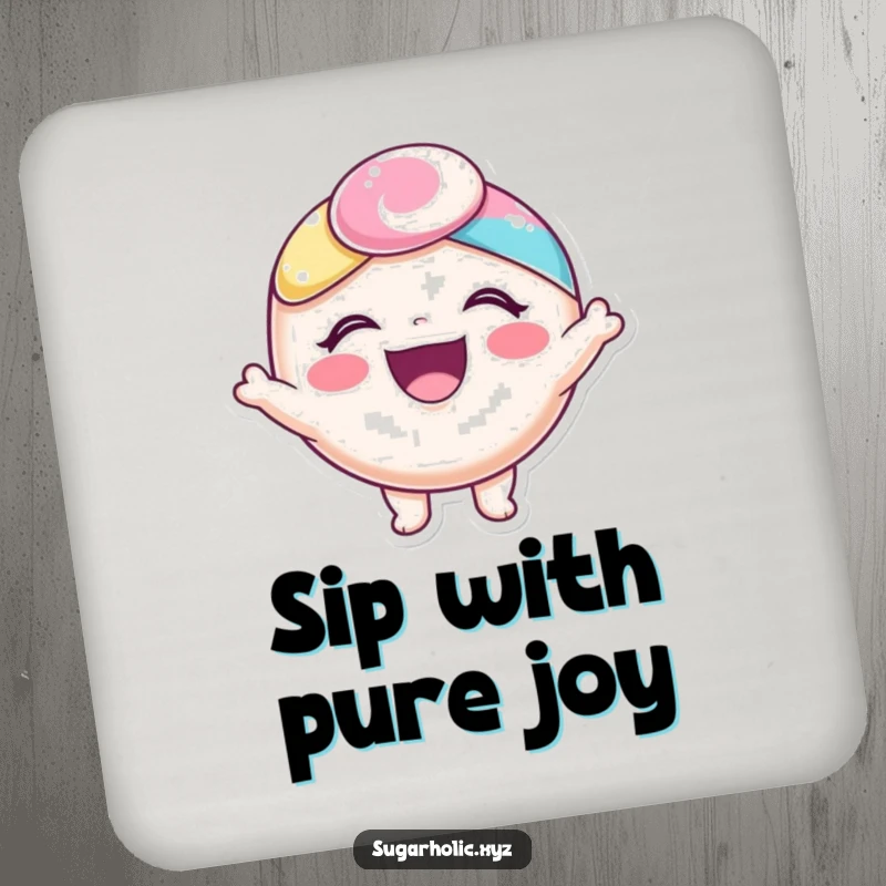 Funny drink coaster featuring a delighted candy character exuding pure joy, perfect for adding cheer.